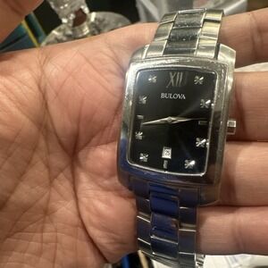 Working Bulova 96D125 Mens Watch Silver Rectangle Black Dial Quartz 31mm Fit 9in